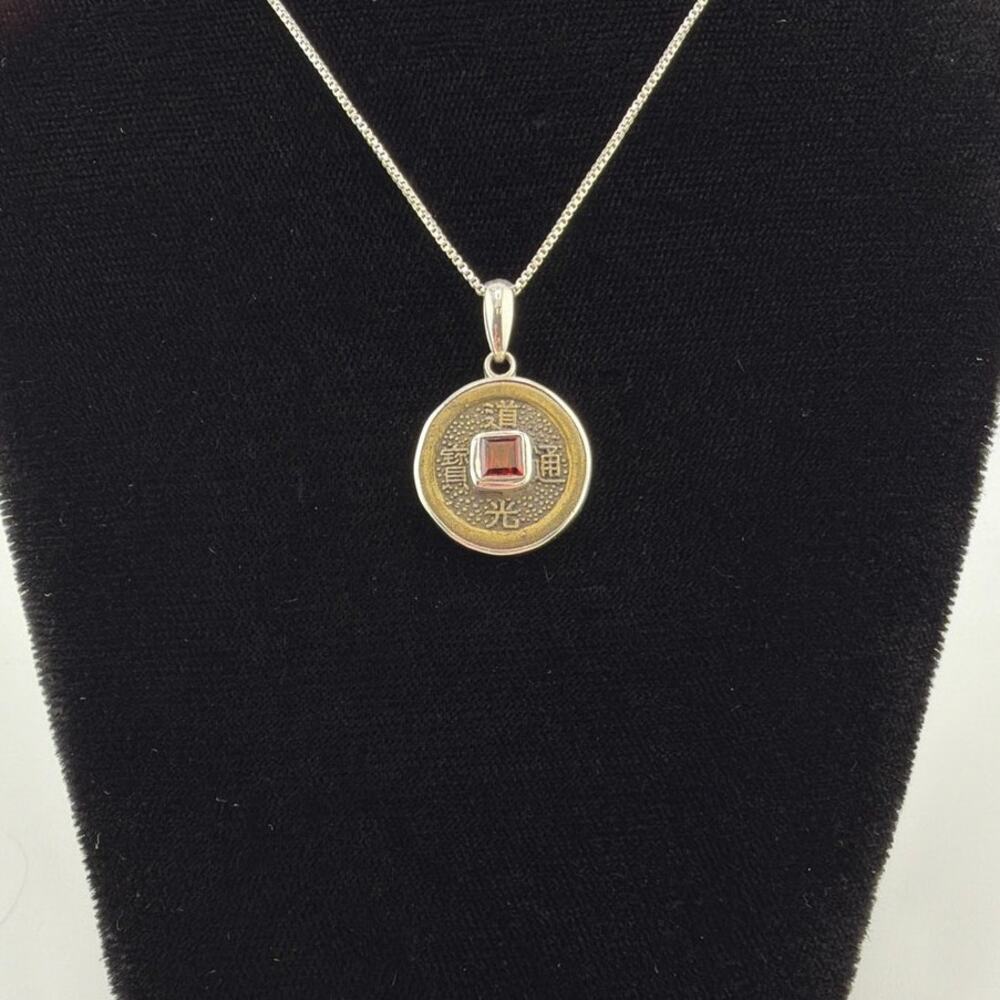 Vintage Sajen Y2K Sterling Silver Brass Garnet and Asian Coin Pendant Necklace